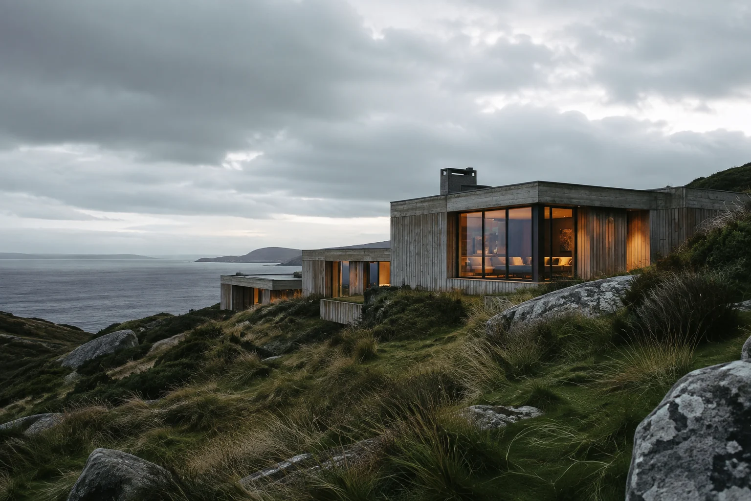 A timber and concrete coastal lodge surrounded by wild grasses
